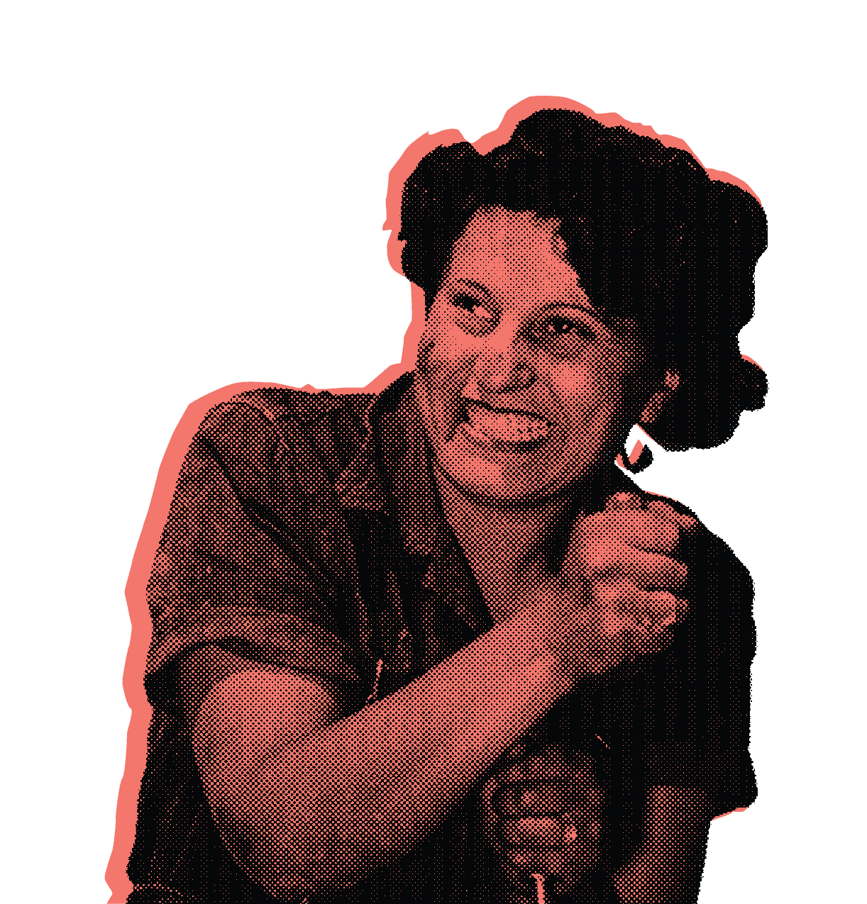 A smiling 'iron lady' in The Iron Lady's petrol-teal and coral duotone style