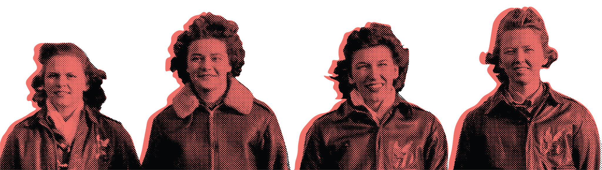 The Iron Lady's signature duotone 'iron ladies' — vintage factory women in petrol-teal and coral