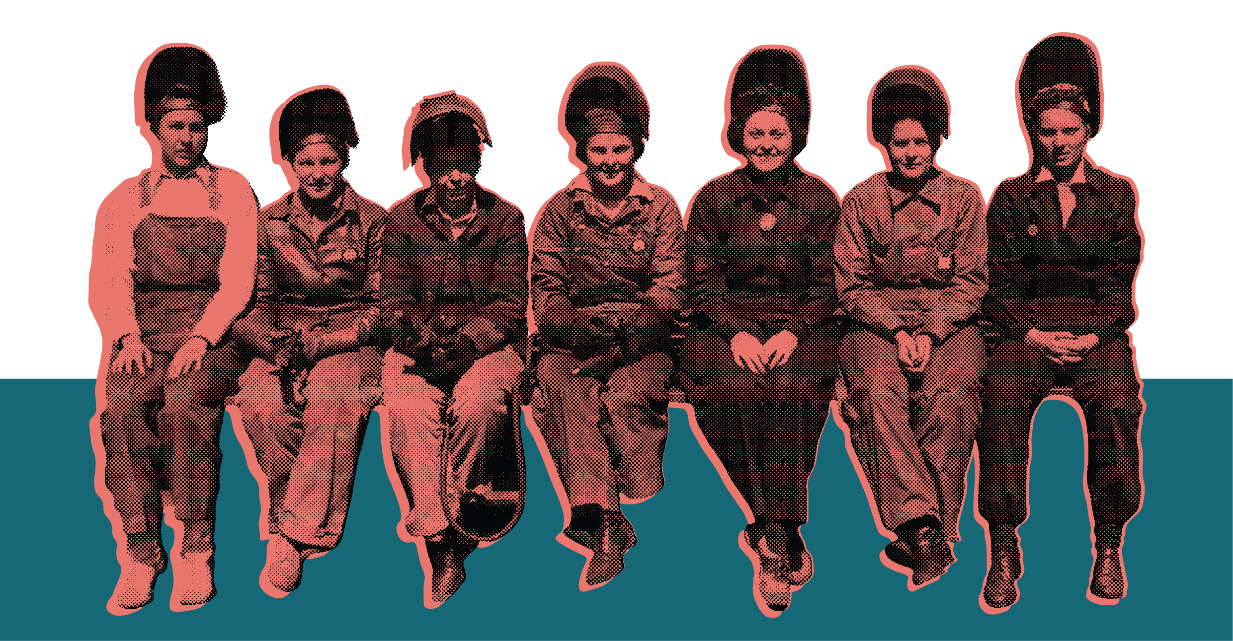 The Iron Lady's duotone 'iron ladies' illustration in petrol-teal and coral
